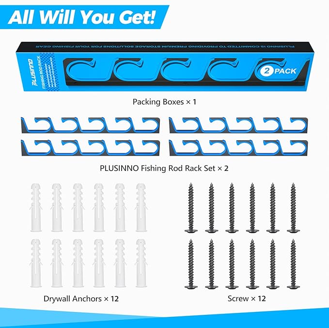PLUSINNO H5 Horizontal Fishing Rod/Pole Holders for Garage, Wall or Ceiling Mounted Fishing Rod Rack, Aviation Aluminum Fishing Holder Holds up to 5/10/20 Rod or Combos or Nets Storage Racks