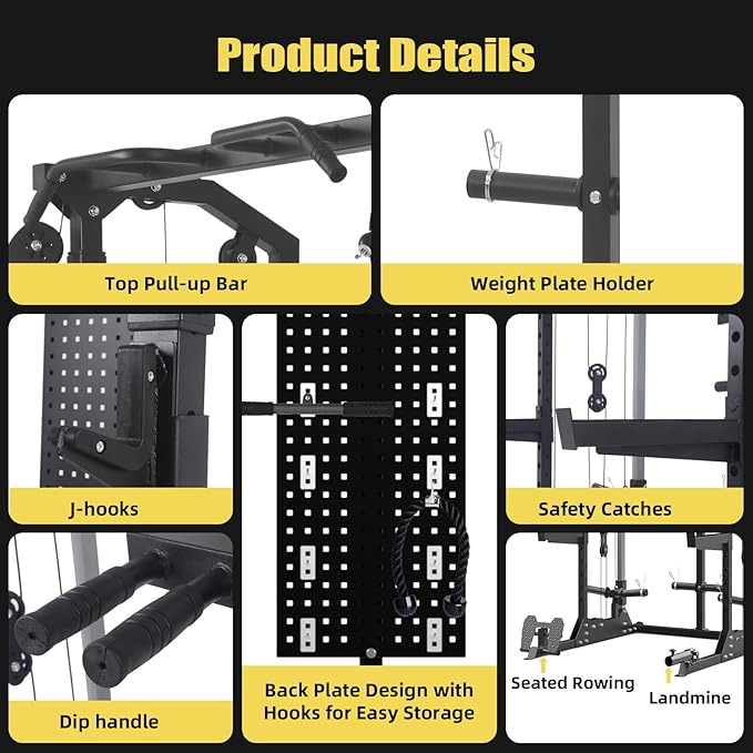 Multi-Function Power Cage, Power Rack with Dual Independent Pulley System, 2000LB Capacity Workout Cage with Adjustable Cable Crossover System and Training Attachment, Squat Rack for Home Gym