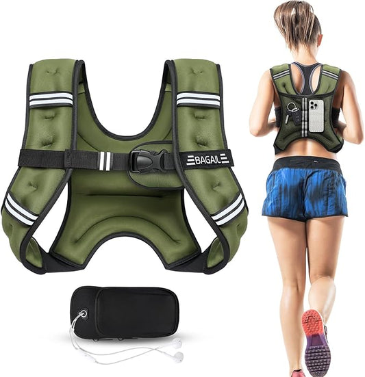 BAGAIL Weighted Vest, 5lbs/10lbs/12lbs/15lbs/20lbs/25lbs/30lbs Weight Vest with Detachable Phone Pouch, Rucking Vest for Women, Men, Walking, Weight Loss, Training, Running