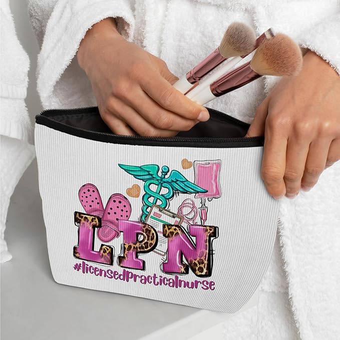 Ayxvt LPN Licensed Practical Nurse Corduroy Cosmetic Bag,Retro Gorgeous Pink Leopard Clipart Decorative Makeup Bag Zipper Pouch Toiletry,Nurse's Day Nurse Graduation Gifts for Women Girls(Corduroy)