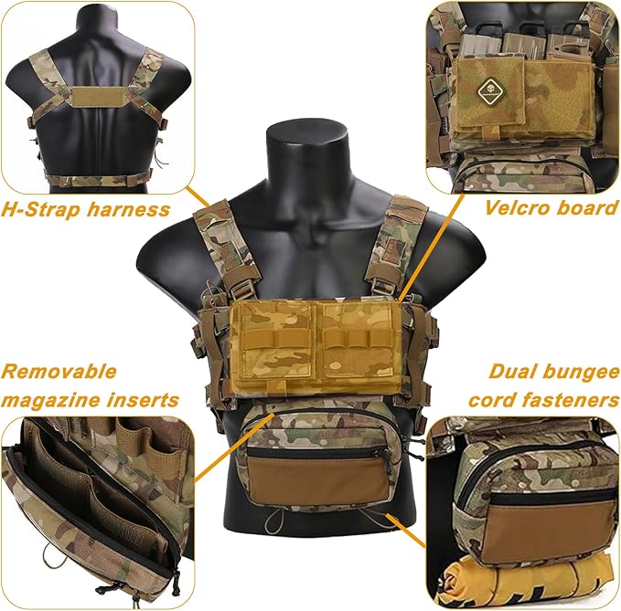 Airsoft Molle Chest Rig with YKK Zipper Mag Pouches Modular Micro Tactical 500D Nylon Vest for Hunting Training Cosplay