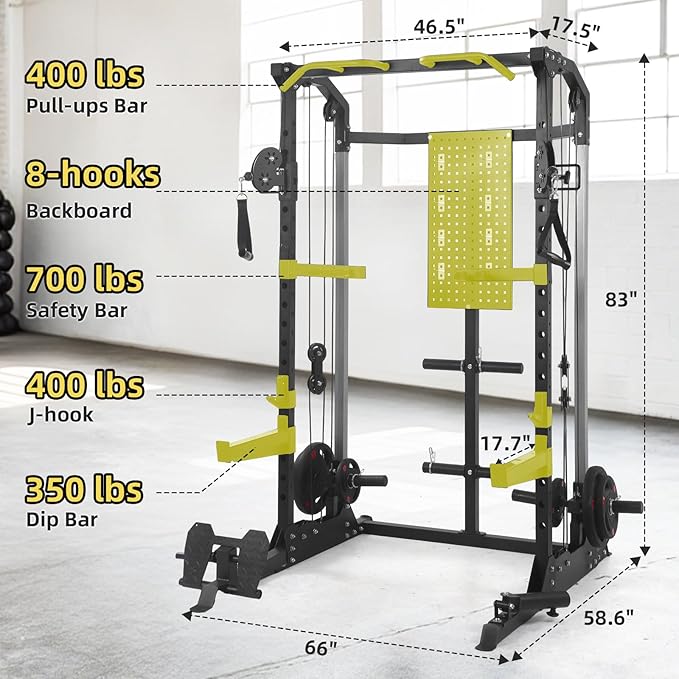 Multi-Function Power Cage, Power Rack with Dual Independent Pulley System, 2000LB Capacity Workout Cage with Adjustable Cable Crossover System and Training Attachment, Squat Rack for Home Gym