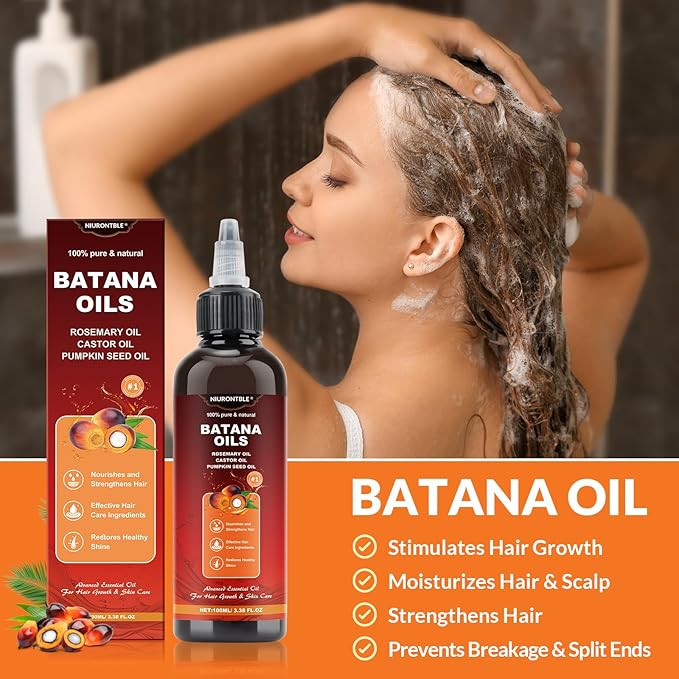 Batana Oil for Hair Growth Dr Sebi - 4-in-1 100% Pure & UnrefinedHonduran Oil with Rosemary, Castor,Nourishes, Enhances Hair Thickness, Prevents Loss, Eliminates Split Endsfor All Hair Types (100ML)