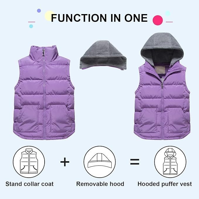 Pursky Girl's and Boy's Warm Puffer Vest Coat Water Resistant Sleeveless Jacket With Detachable Hood for 6-14Y