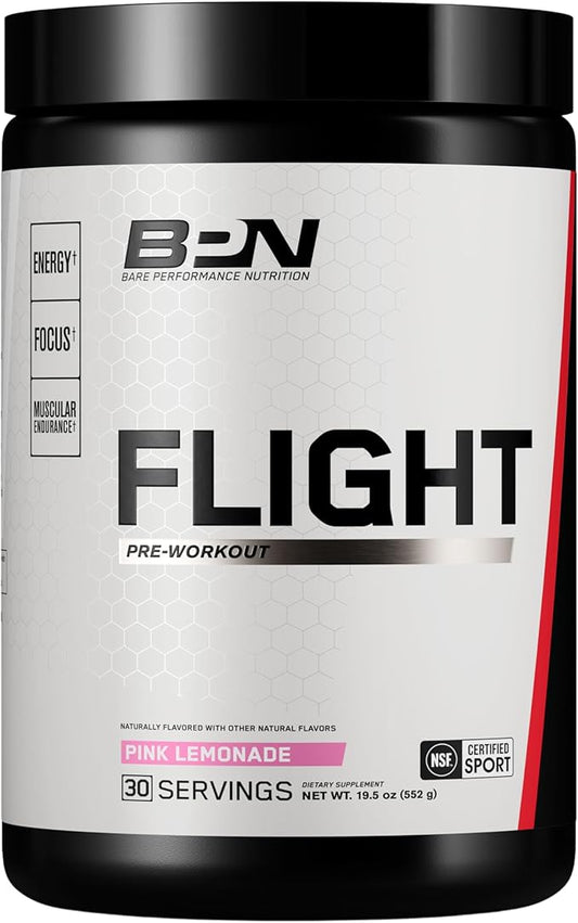 BARE PERFORMANCE NUTRITION BPN Flight Pre Workout, Supports Energy and Mental Focus, Improved Endurance & Muscle Pumps with CarnoSyn® Beta Alanine, Pink Lemonade, 30 Servings