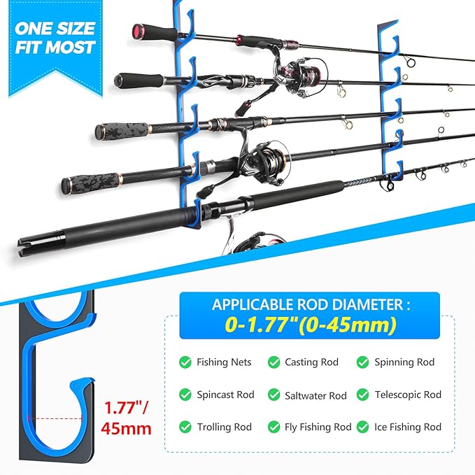PLUSINNO H5 Horizontal Fishing Rod/Pole Holders for Garage, Wall or Ceiling Mounted Fishing Rod Rack, Aviation Aluminum Fishing Holder Holds up to 5/10/20 Rod or Combos or Nets Storage Racks