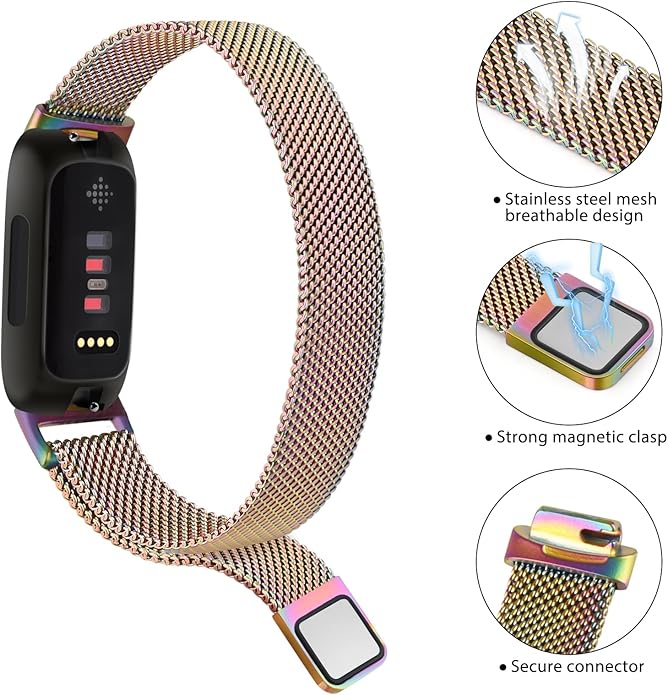 Amzpas band for Fitbit Inspire 3 Bands Women Men, Stainless Steel Mesh Loop Adjustable Magnetic Wristband Replacement Straps Compatible with Fitbit Inspire 3 Fitness Tracker