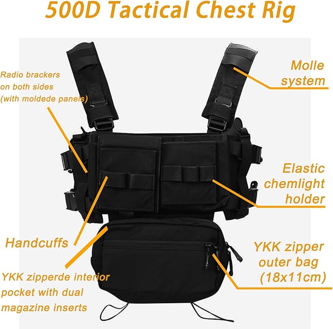 Airsoft Molle Chest Rig with YKK Zipper Mag Pouches Modular Micro Tactical 500D Nylon Vest for Hunting Training Cosplay