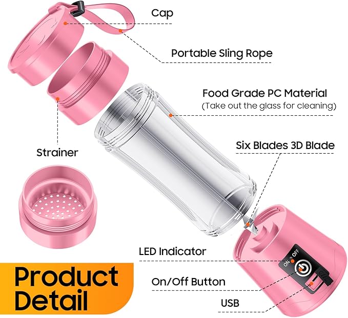 Portable Blender for Smoothies & Shakes - Personal Blender with 12Oz Traveling Cup, BAP Free, 6 Stainless Steel Blades, Freshly Squeezed for Office/Picnic/Sports