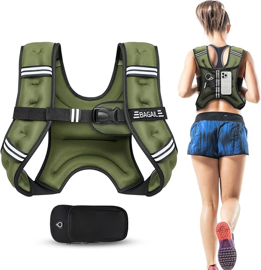 BAGAIL Weighted Vest, 5lbs/10lbs/12lbs/15lbs/20lbs/25lbs/30lbs Weight Vest with Detachable Phone Pouch, Rucking Vest for Women, Men, Walking, Weight Loss, Training, Running
