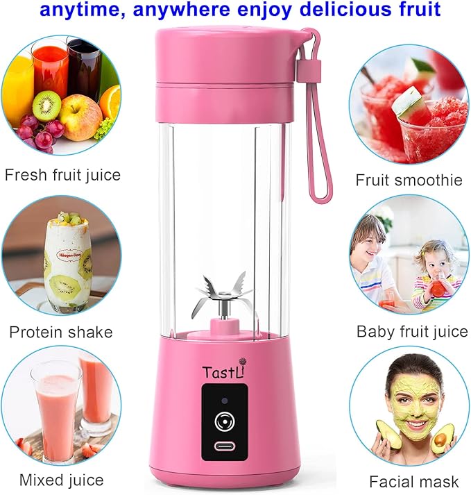 Portable Blender, Mini Personal Blender Bottles for shakes and smoothies,with USB Rechargeable On The Go Mixer Electric Blender juicer Cup for Fruit Juice Protein mixes (Pink)