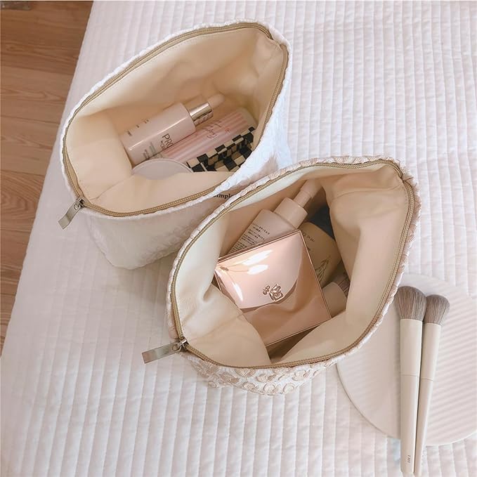 Pure White Makeup Bag Noble Floral Cosmetic Bag Cotton Toiletry Organizer Bag Portable Travel Bag Cute Pouch Case Make Up Bag for Women