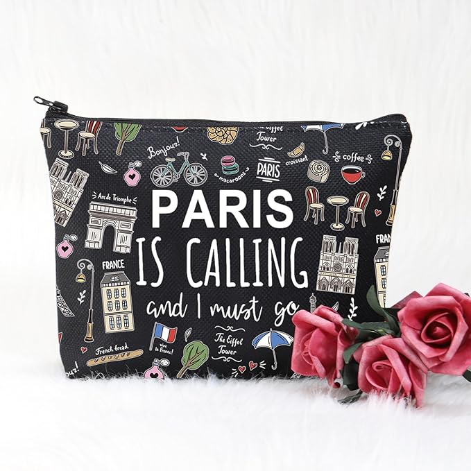POFULL Paris Themed Gifts Paris Is Calling And I Must Go Cosmetic Bag Paris Lover Gift (Paris Is Calling black Bag)
