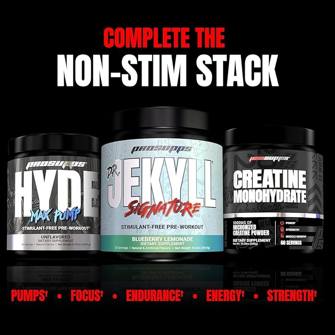 PROSUPPS Dr. Jekyll Signature Pre Workout Powder with Creatine - Stim-Free Preworkout Supports Muscle Volume & Endurance - Caffeine-Free Gym & Fitness Supplements (Strawberry, 30 Servings)