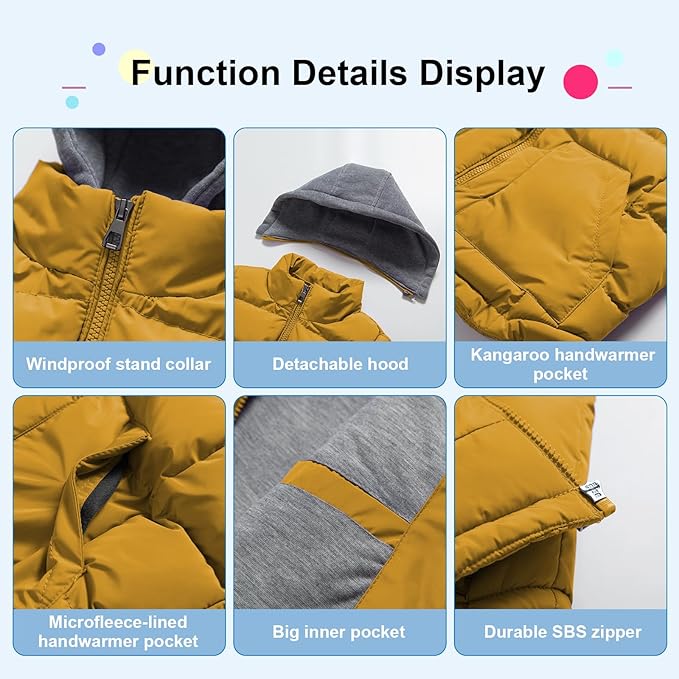 Pursky Girl's and Boy's Warm Puffer Vest Coat Water Resistant Sleeveless Jacket With Detachable Hood for 6-14Y