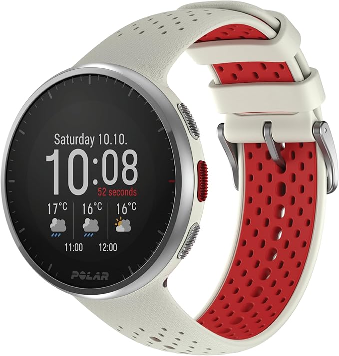 POLAR Pacer Pro Advanced Ultra-Light GPS Fitness Tracker Smartwatch for Runners with Training Program & Recovery Tools; S-L, for Men or Women, White-Red