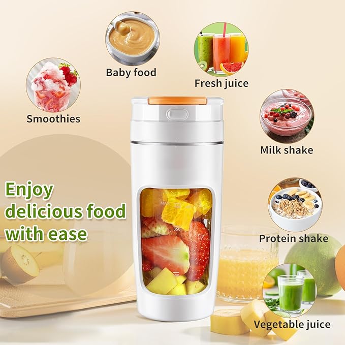 Portable Blender Cup 600ml - Large Capacity Travel Mug for Shakes, Smoothies & Juices | USB Rechargeable Personal Blender with Multi-Blade Tech & High-Power Motor (White)
