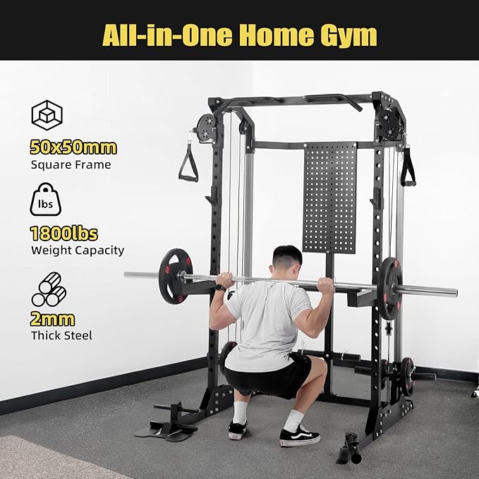 Multi-Function Power Cage, Power Rack with Dual Independent Pulley System, 2000LB Capacity Workout Cage with Adjustable Cable Crossover System and Training Attachment, Squat Rack for Home Gym