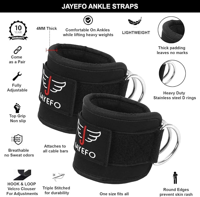 Jayefo Ankle Strap for Cable Machine - Ankle Cable Attachments for Gym and Working Out - Leg Kickback Ankle Strap and Wrap for Cable Machine - Standard Size - Black