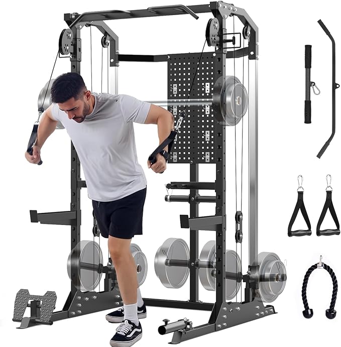 Multi-Function Power Cage, Power Rack with Dual Independent Pulley System, 2000LB Capacity Workout Cage with Adjustable Cable Crossover System and Training Attachment, Squat Rack for Home Gym