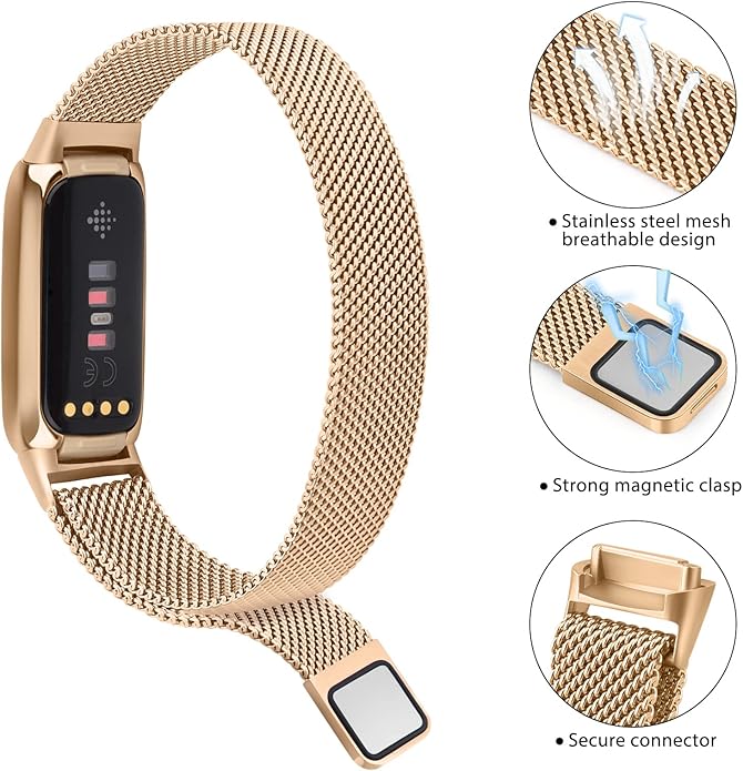 Amzpas Metal Band Compatible with Fitbit Luxe Bands for Women Men, Stainless Steel Mesh Loop Wristband Replacement Strap for Fitbit Luxe/Luxe Special Edition Fitness Tracker