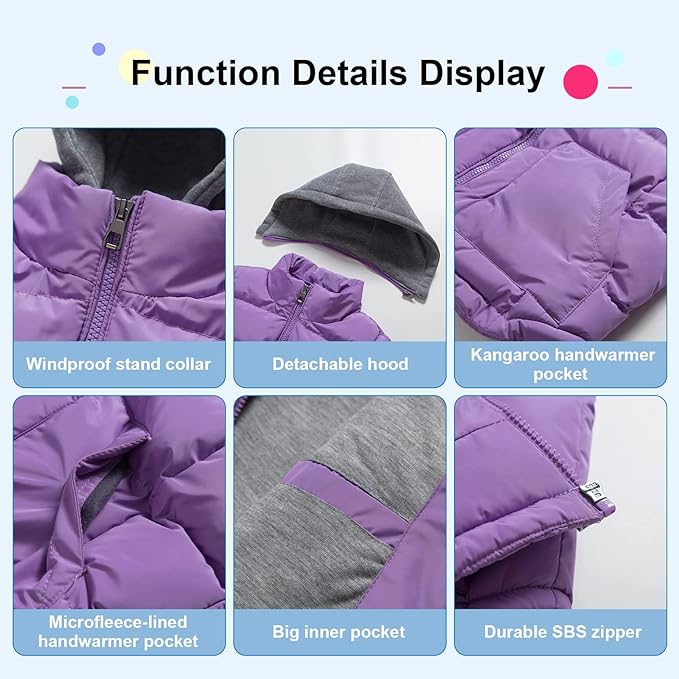Pursky Girl's and Boy's Warm Puffer Vest Coat Water Resistant Sleeveless Jacket With Detachable Hood for 6-14Y