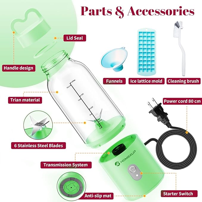 Portable 14OZ Juicer, High-Powered at 175W for Smoothies, Ice Blending, Juicing, and Food Processing , Compact, Convenient, and Versatile (Green)