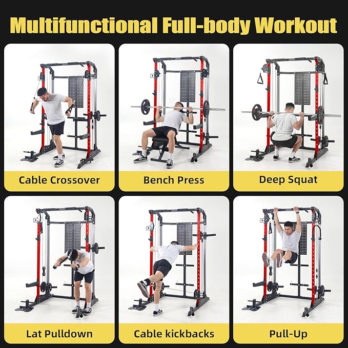 Multi-Function Power Cage, Power Rack with Dual Independent Pulley System, 2000LB Capacity Workout Cage with Adjustable Cable Crossover System and Training Attachment, Squat Rack for Home Gym