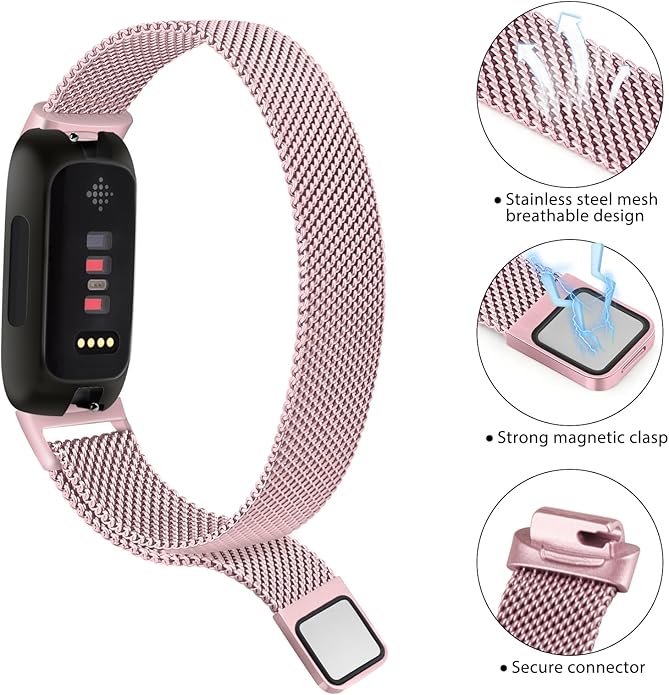 Amzpas band for Fitbit Inspire 3 Bands Women Men, Stainless Steel Mesh Loop Adjustable Magnetic Wristband Replacement Straps Compatible with Fitbit Inspire 3 Fitness Tracker