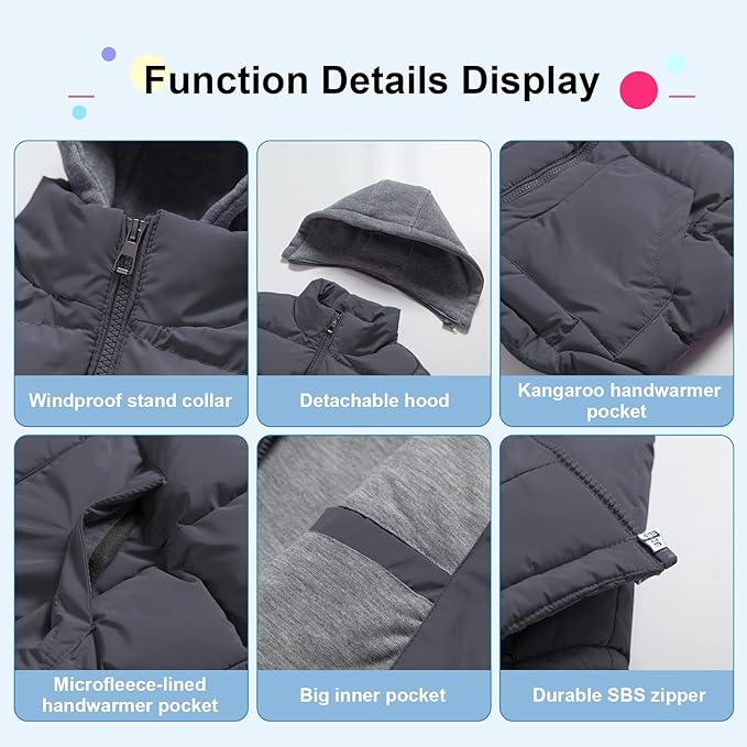 Pursky Girl's and Boy's Warm Puffer Vest Coat Water Resistant Sleeveless Jacket With Detachable Hood for 6-14Y