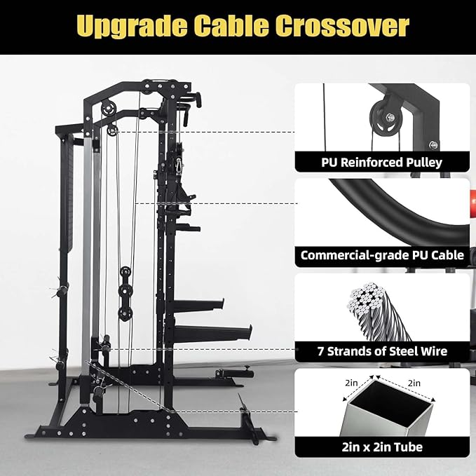 Multi-Function Power Cage, Power Rack with Dual Independent Pulley System, 2000LB Capacity Workout Cage with Adjustable Cable Crossover System and Training Attachment, Squat Rack for Home Gym