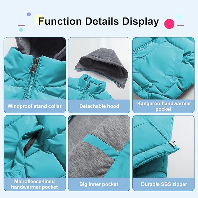 Pursky Girl's and Boy's Warm Puffer Vest Coat Water Resistant Sleeveless Jacket With Detachable Hood for 6-14Y
