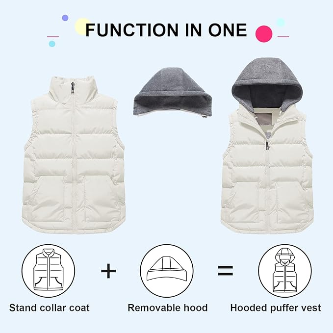Pursky Girl's and Boy's Warm Puffer Vest Coat Water Resistant Sleeveless Jacket With Detachable Hood for 6-14Y