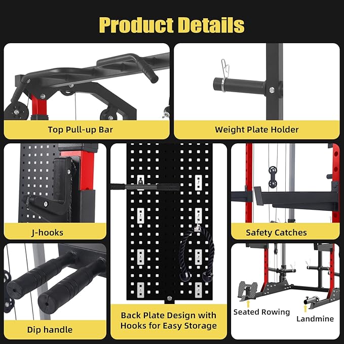 Multi-Function Power Cage, Power Rack with Dual Independent Pulley System, 2000LB Capacity Workout Cage with Adjustable Cable Crossover System and Training Attachment, Squat Rack for Home Gym