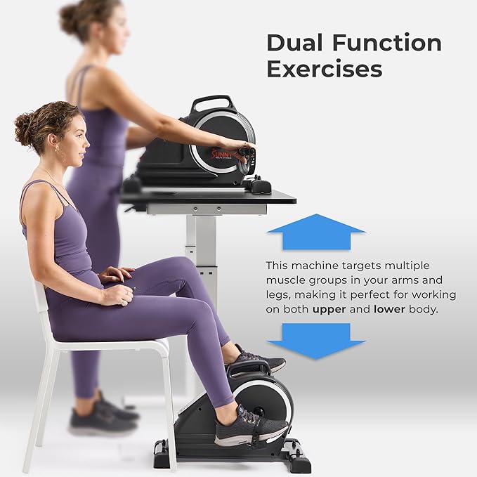 Sunny Health & Fitness Dual Function Under-Desk Bike Trainer, Mini Exercise Machine for Senior Training, Arm/Leg Cardio Cycle Workout, Optional Magnetic, Motorized & Free SunnyFit App Bluetooth Link
