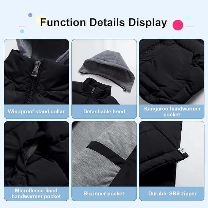 Pursky Girl's and Boy's Warm Puffer Vest Coat Water Resistant Sleeveless Jacket With Detachable Hood for 6-14Y