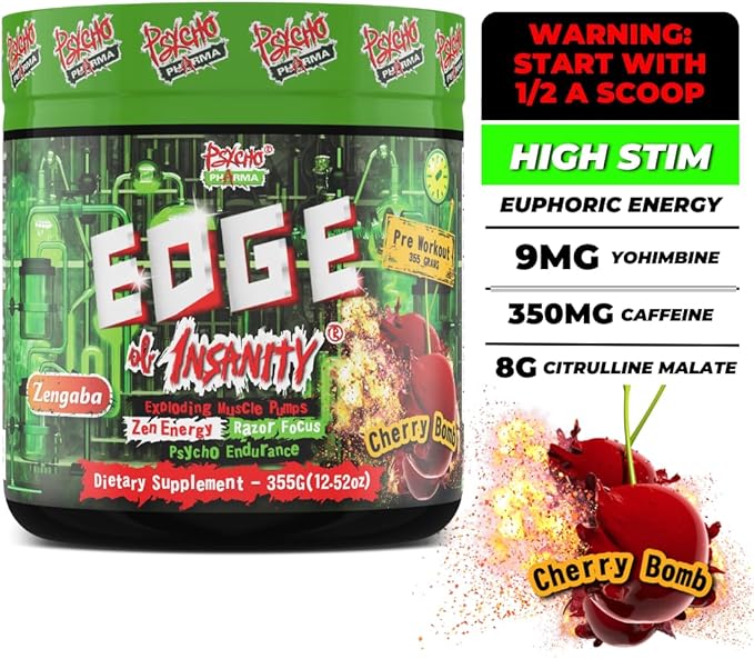 Psycho Pharma Strongest High Stim Preworkout Powder - Edge of Insanity - Most Intense Pre Workout Supplement for Pumps, Strength, Energy and Feel Good Focus. Rivals Famous PWOs of The Past