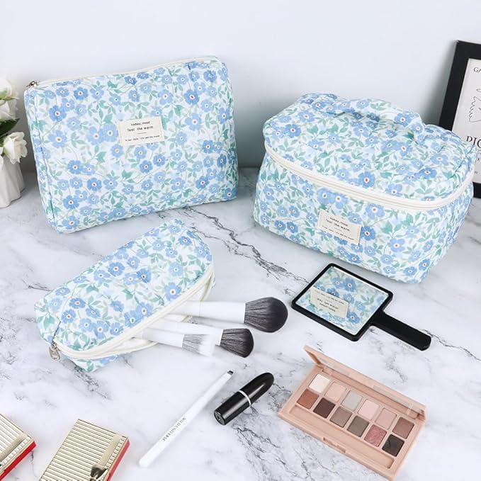 3Pcs Cotton Quilted Makeup Bag Set,Large Floral Cosmetic Bag,Aesthetic Toiletry Travel Makeup Bag Set and Cute Flower Bag for Women Girls (Blue Flower)