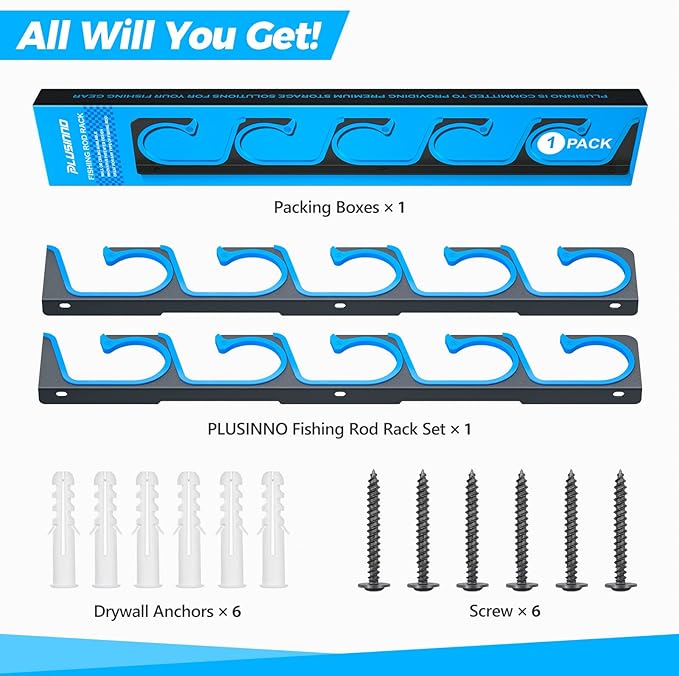 PLUSINNO H5 Horizontal Fishing Rod/Pole Holders for Garage, Wall or Ceiling Mounted Fishing Rod Rack, Aviation Aluminum Fishing Holder Holds up to 5/10/20 Rod or Combos or Nets Storage Racks