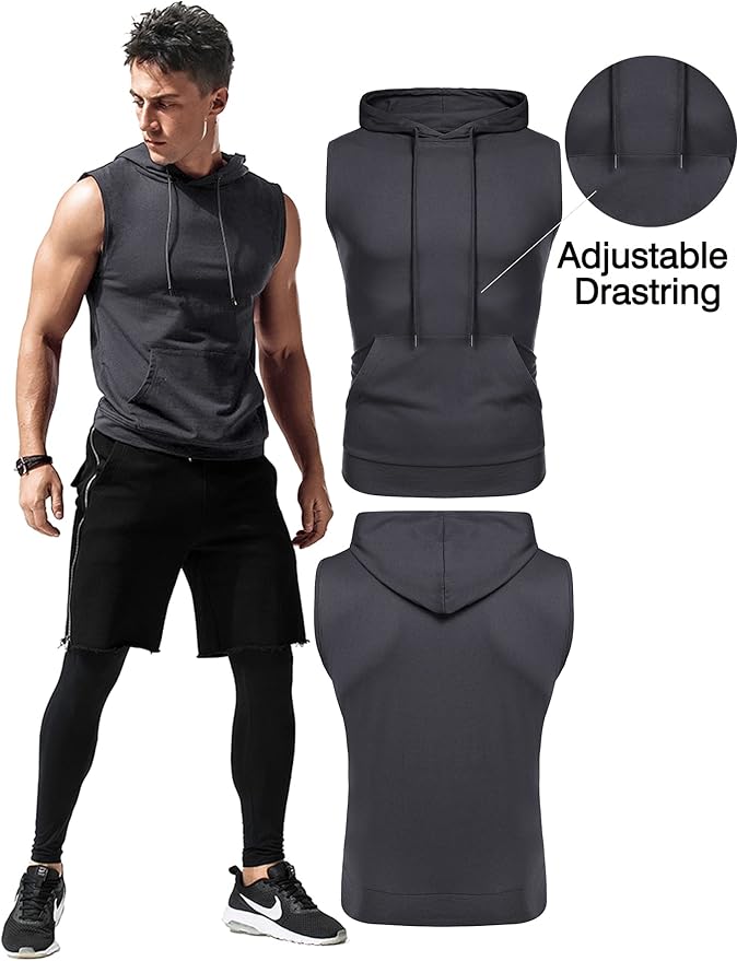 Babioboa Men's Workout Hooded Tank Tops Sleeveless Gym Hoodies Bodybuilding Muscle Cut Off T-Shirts