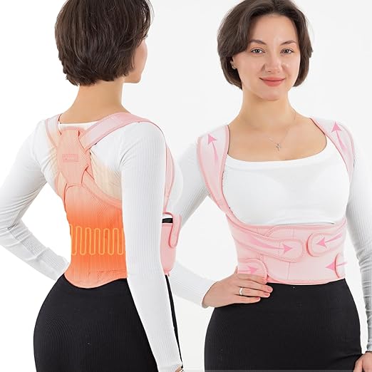 Back Brace for Posture Corrector for Women and Men with Heating Pad, Adjustable Full Back Support Brace, Back Heating Pad for Pain Relief -Hunchback, Spine Corrector (Pink, Large)