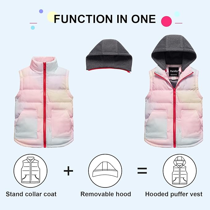 Pursky Girl's and Boy's Warm Puffer Vest Coat Water Resistant Sleeveless Jacket With Detachable Hood for 6-14Y