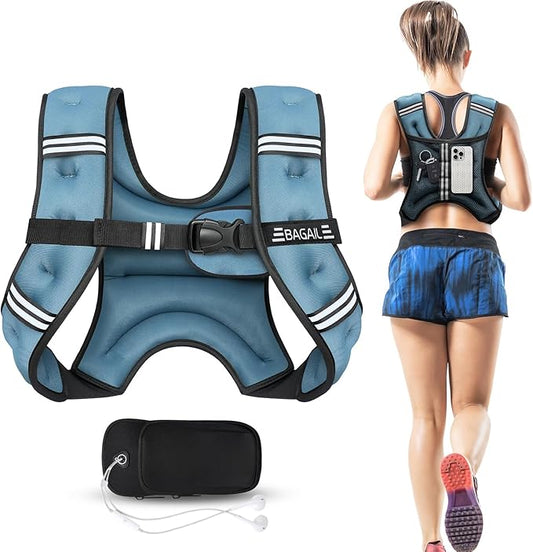 BAGAIL Weighted Vest, 5lbs/10lbs/12lbs/15lbs/20lbs/25lbs/30lbs Weight Vest with Detachable Phone Pouch, Rucking Vest for Women, Men, Walking, Weight Loss, Training, Running