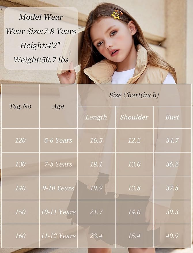 Arshiner Girls Winter Zipper Puffer Vest Lightweight Sleeveless Outwear Puffy Vests for 5-12 Years Old