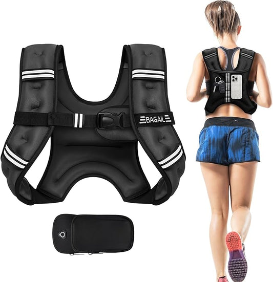 BAGAIL Weighted Vest, 5lbs/10lbs/12lbs/15lbs/20lbs/25lbs/30lbs Weight Vest with Detachable Phone Pouch, Rucking Vest for Women, Men, Walking, Weight Loss, Training, Running