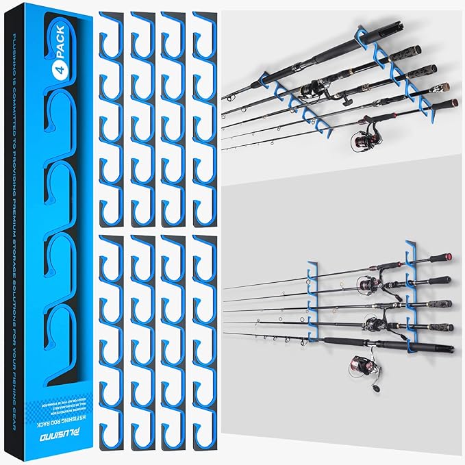 PLUSINNO H5 Horizontal Fishing Rod/Pole Holders for Garage, Wall or Ceiling Mounted Fishing Rod Rack, Aviation Aluminum Fishing Holder Holds up to 5/10/20 Rod or Combos or Nets Storage Racks