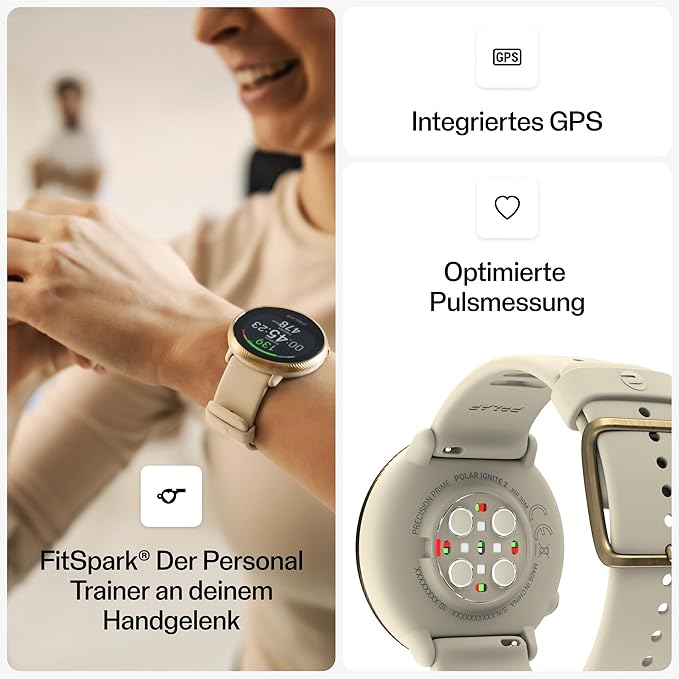 POLAR Ignite 2 Series Water Resistant Smartwatch with GPS, Heart Rate Monitoring, Sleep Analysis and Personalized Fitness Tracking, S-L, for Men or Women, Champagne/Gold