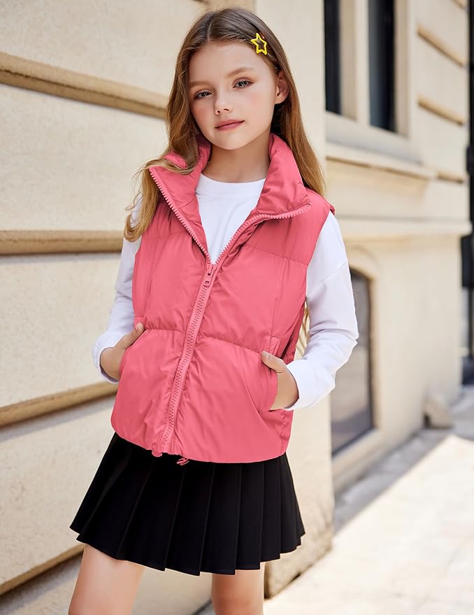 Arshiner Girls Winter Zipper Puffer Vest Lightweight Sleeveless Outwear Puffy Vests for 5-12 Years Old