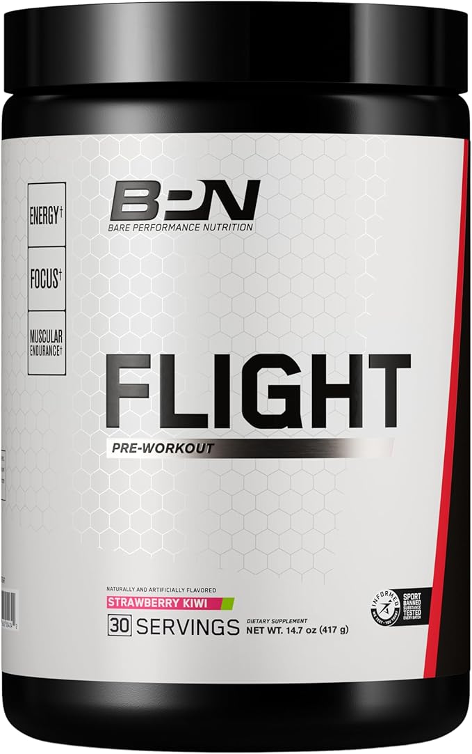 BARE PERFORMANCE NUTRITION BPN Flight Pre Workout, Supports Energy and Mental Focus, Improved Endurance & Muscle Pumps with CarnoSyn® Beta Alanine, Strawberry Kiwi, 30 Servings