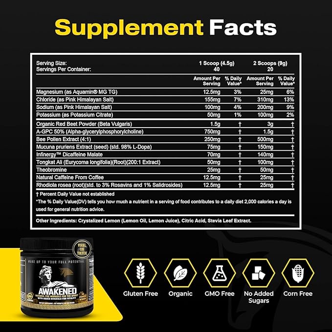 Awakened Natural Pre Workout Powder 12-in-1 | Conscious Energizer | Bee Pollen + N.O. Booster | Mucuna Pruriens, Tongkat Ali, Rhodiola, Alpha GPC & Trace Minerals | 40SV